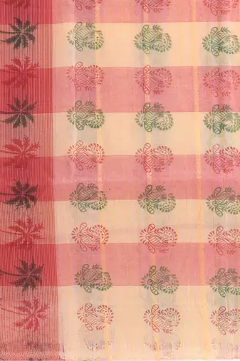 Red woven cotton printed handloom-sarees with blouse piece