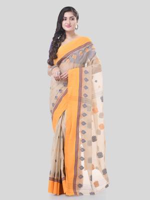 Peach Woven Cotton Leaves Handloom-Sarees Without Blouse Piece 5