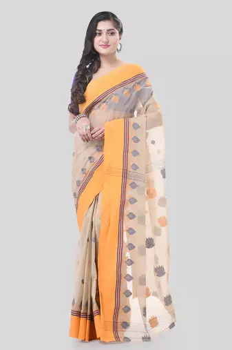 Peach Woven Cotton Leaves Handloom-Sarees Without Blouse Piece