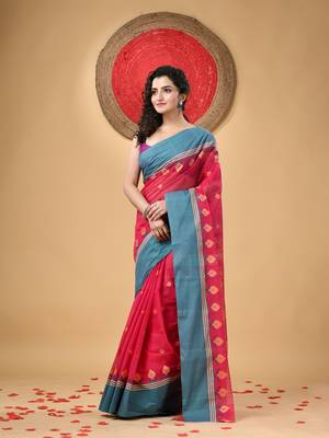 Red Woven Cotton Leaves Handloom-Sarees Without Blouse Piece 1