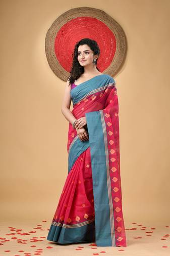 Red Woven Cotton Leaves Handloom-Sarees Without Blouse Piece