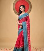 Red Woven Cotton Leaves Handloom-Sarees Without Blouse Piece