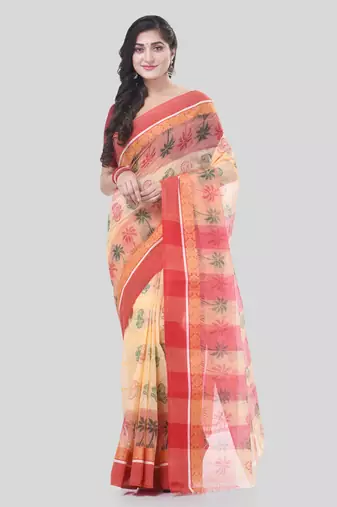 Red woven cotton printed handloom-sarees with blouse piece