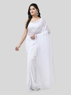 White Woven Cotton Solid Handloom-Sarees Without Blouse Piece 5
