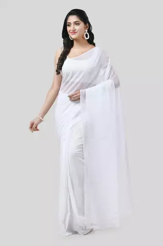 White Woven Cotton Solid Handloom-Sarees Without Blouse Piece