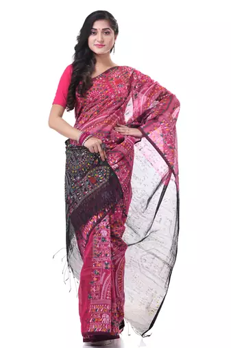 Pink woven cotton warli handloom-sarees with blouse piece
