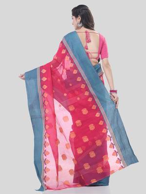 Red Woven Cotton Leaves Handloom-Sarees Without Blouse Piece 2