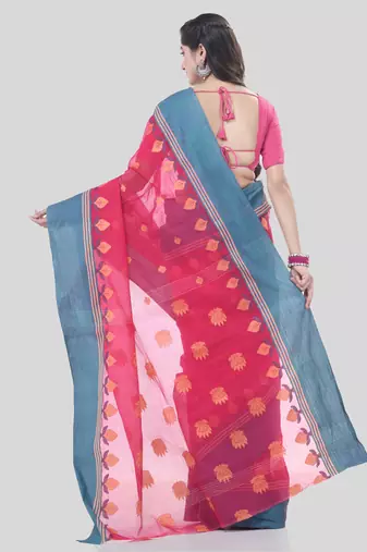 Red Woven Cotton Leaves Handloom-Sarees Without Blouse Piece