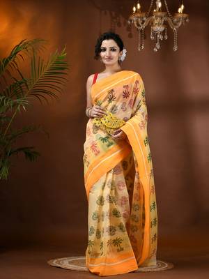 Yellow woven cotton printed handloom-sarees with blouse piece 1