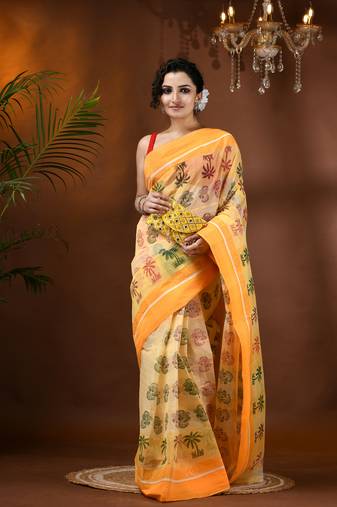 Yellow woven cotton printed handloom-sarees with blouse piece
