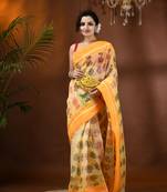 Yellow woven cotton printed handloom-sarees with blouse piece