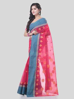 Red Woven Cotton Leaves Handloom-Sarees Without Blouse Piece 3