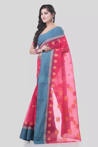 Red Woven Cotton Leaves Handloom-Sarees Without Blouse Piece