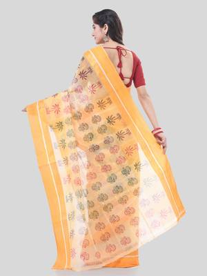 Yellow woven cotton printed handloom-sarees with blouse piece 2