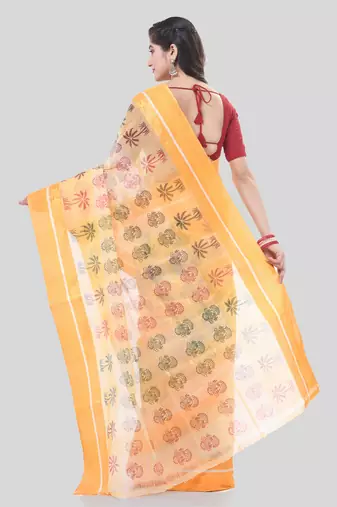 Yellow woven cotton printed handloom-sarees with blouse piece