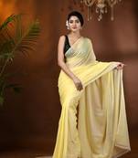 Yellow Woven Cotton Solid Handloom-Sarees Without Blouse Piece