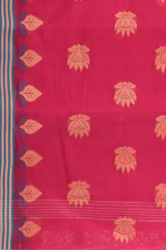 Red Woven Cotton Leaves Handloom-Sarees Without Blouse Piece
