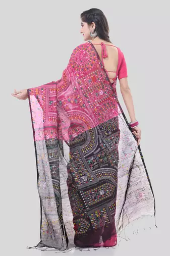 Pink woven cotton warli handloom-sarees with blouse piece