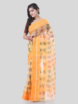 Yellow woven cotton printed handloom-sarees with blouse piece 3