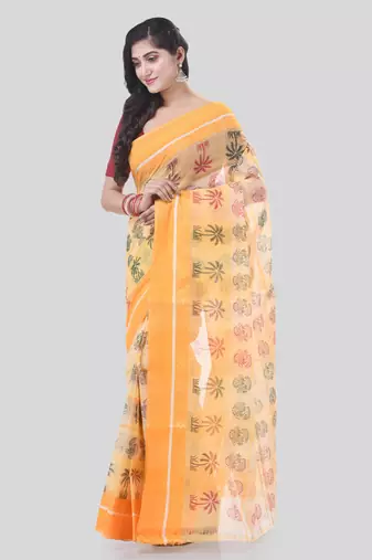 Yellow woven cotton printed handloom-sarees with blouse piece