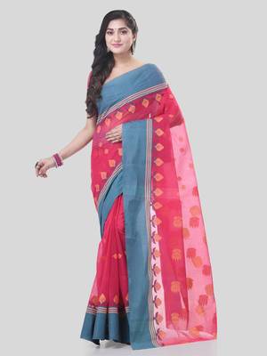 Red Woven Cotton Leaves Handloom-Sarees Without Blouse Piece 5