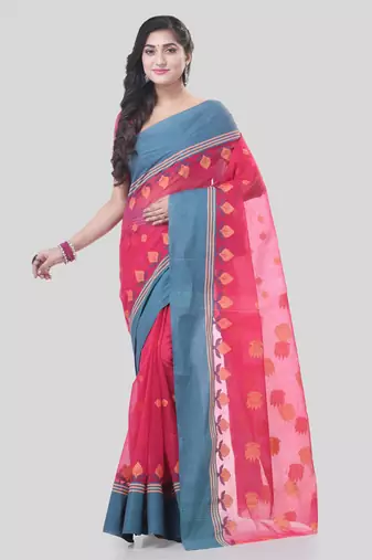 Red Woven Cotton Leaves Handloom-Sarees Without Blouse Piece
