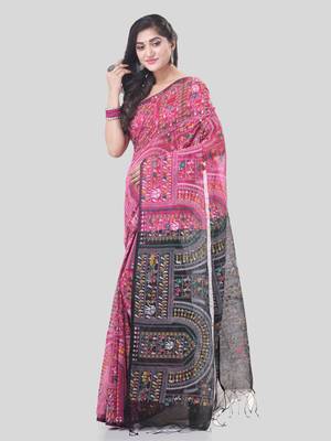 Pink woven cotton warli handloom-sarees with blouse piece 1