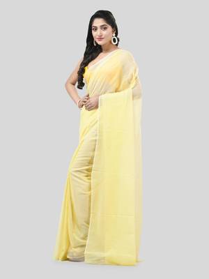 Yellow Woven Cotton Solid Handloom-Sarees Without Blouse Piece 3
