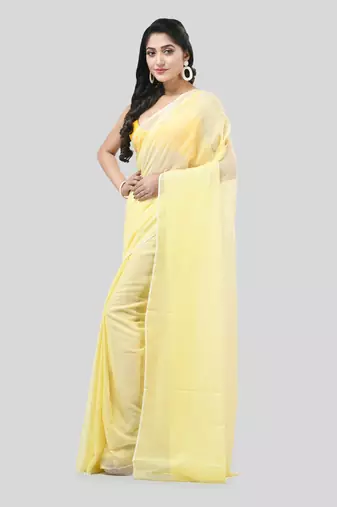 Yellow Woven Cotton Solid Handloom-Sarees Without Blouse Piece