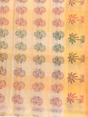 Yellow woven cotton printed handloom-sarees with blouse piece 4