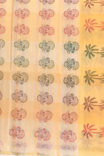 Yellow woven cotton printed handloom-sarees with blouse piece