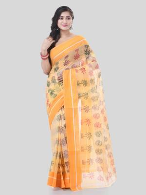 Yellow woven cotton printed handloom-sarees with blouse piece 5