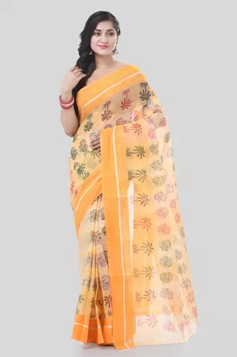 Yellow woven cotton printed handloom-sarees with blouse piece