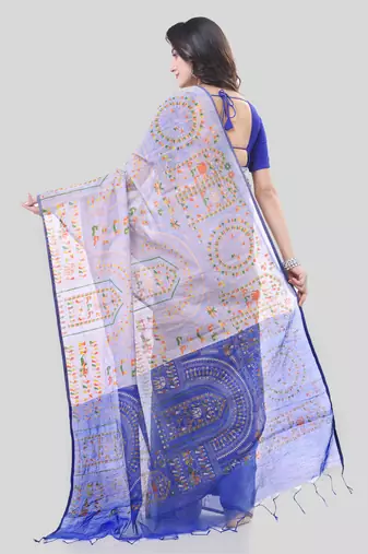 White woven cotton warli handloom-sarees with blouse piece