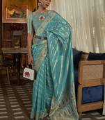 Women Sky Blue Banarasi Style Silk Saree And Organza Rich Pallu Saree With Blouse For Women