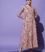 Pink floral printed with lace work rayon anarkali kurta