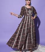 Black geometric printed with embroidered work cotton anarkali kurta