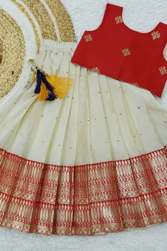 Baby Girl's Readymade South Indian Red Pattu Pavadai Lehenga Choli For Kid's