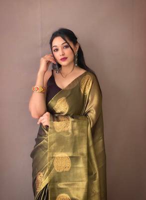 Green Tissue Silk Zari weaving Thread work saree with Blouse 1