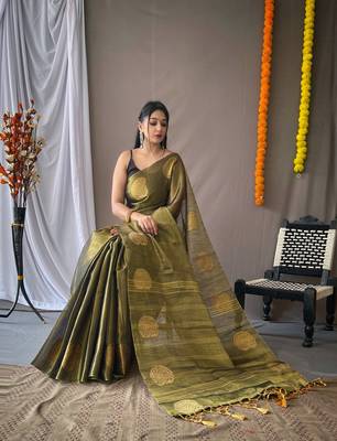 Green Tissue Silk Zari weaving Thread work saree with Blouse 3