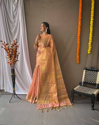 Peach Tissue Silk Zari weaving Thread work saree with Blouse 2
