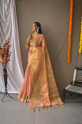 Peach Tissue Silk Zari weaving Thread work saree with Blouse