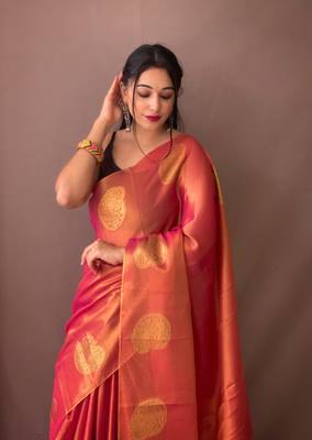 Rani Pink Tissue Silk Zari weaving Thread work saree with Blouse 1