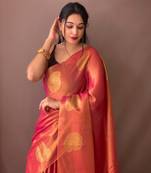 Rani Pink Tissue Silk Zari weaving Thread work saree with Blouse
