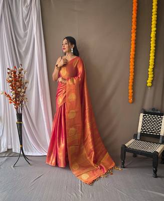 Rani Pink Tissue Silk Zari weaving Thread work saree with Blouse 2