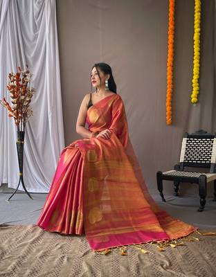 Rani Pink Tissue Silk Zari weaving Thread work saree with Blouse 3