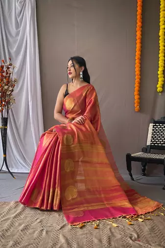Rani Pink Tissue Silk Zari weaving Thread work saree with Blouse
