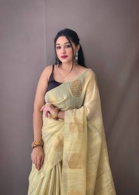 Yellow Tissue Silk Zari weaving Thread work saree with Blouse 1