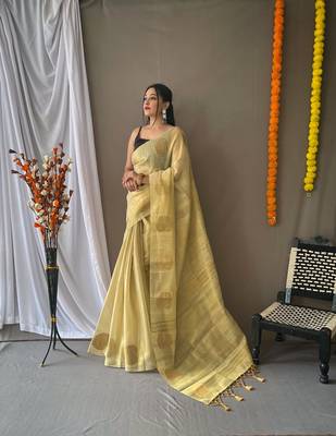 Yellow Tissue Silk Zari weaving Thread work saree with Blouse 2