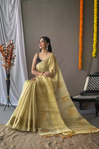 Yellow Tissue Silk Zari weaving Thread work saree with Blouse